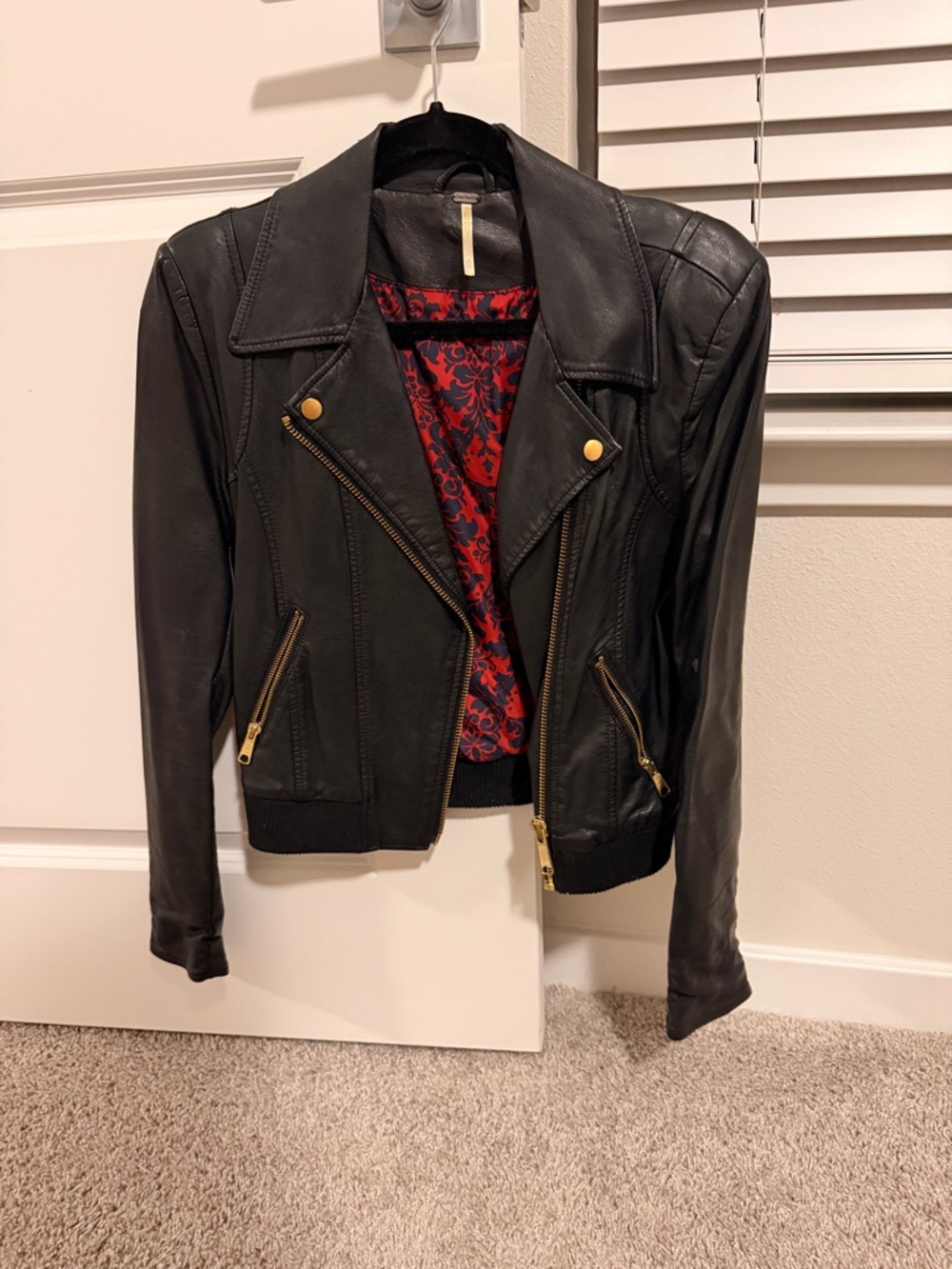 Free People Black Leather Moto Jacket with Red Patterned Lining